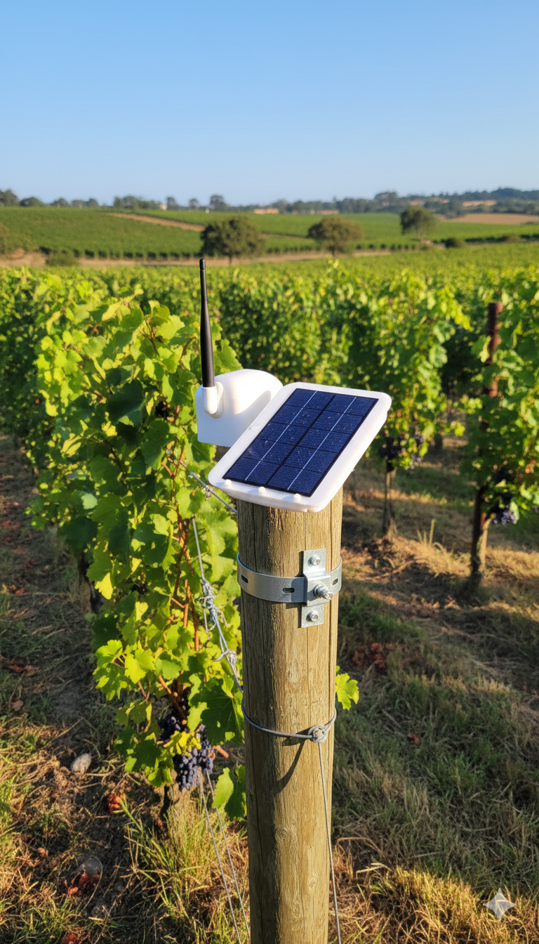 LoRaLeaf solar-powered sensor deployed in vineyard showing long-range LoRa antenna and solar panel